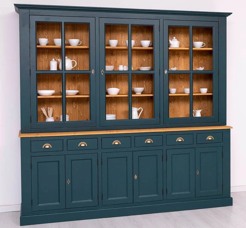 Großer Geschirrschrank aus Massivholz | Vitrine | 2-teilig | 9 Türen | 6 Schubladen