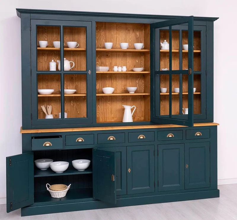 Großer Geschirrschrank aus Massivholz | Vitrine | 2-teilig | 9 Türen | 6 Schubladen
