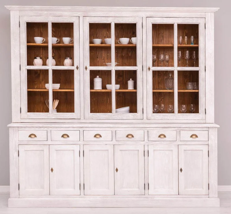 Großer Geschirrschrank aus Massivholz | Vitrine | 2-teilig | 9 Türen | 6 Schubladen