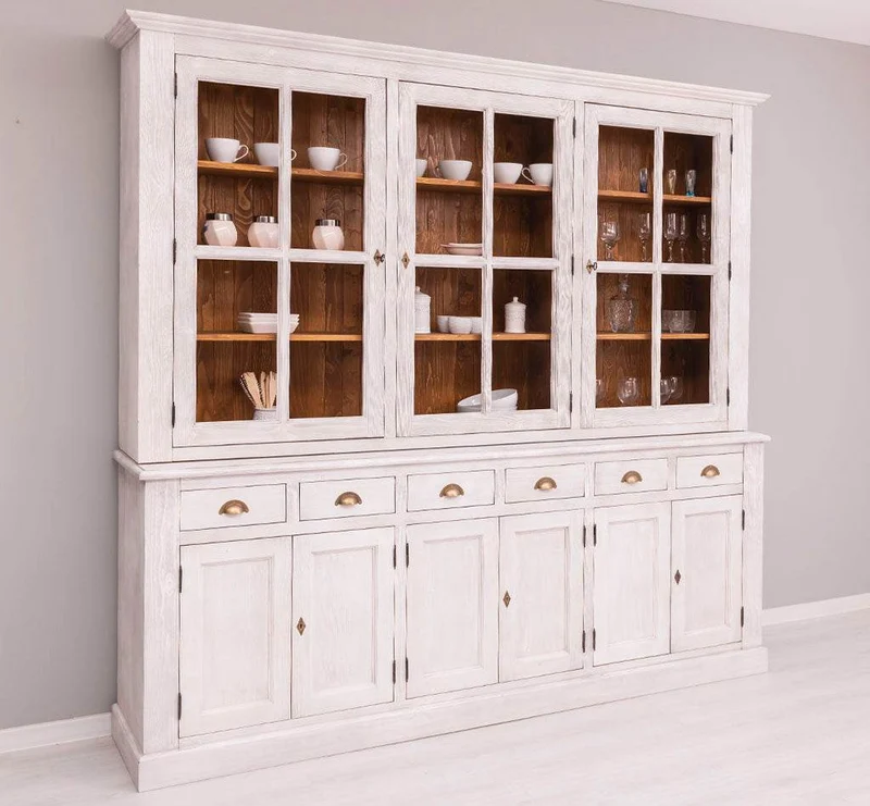 Großer Geschirrschrank aus Massivholz | Vitrine | 2-teilig | 9 Türen | 6 Schubladen