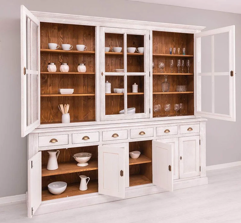 Großer Geschirrschrank aus Massivholz | Vitrine | 2-teilig | 9 Türen | 6 Schubladen