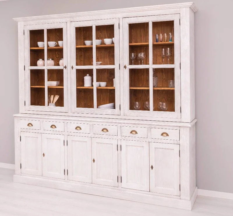 Großer Geschirrschrank aus Massivholz | Vitrine | 2-teilig | 9 Türen | 6 Schubladen