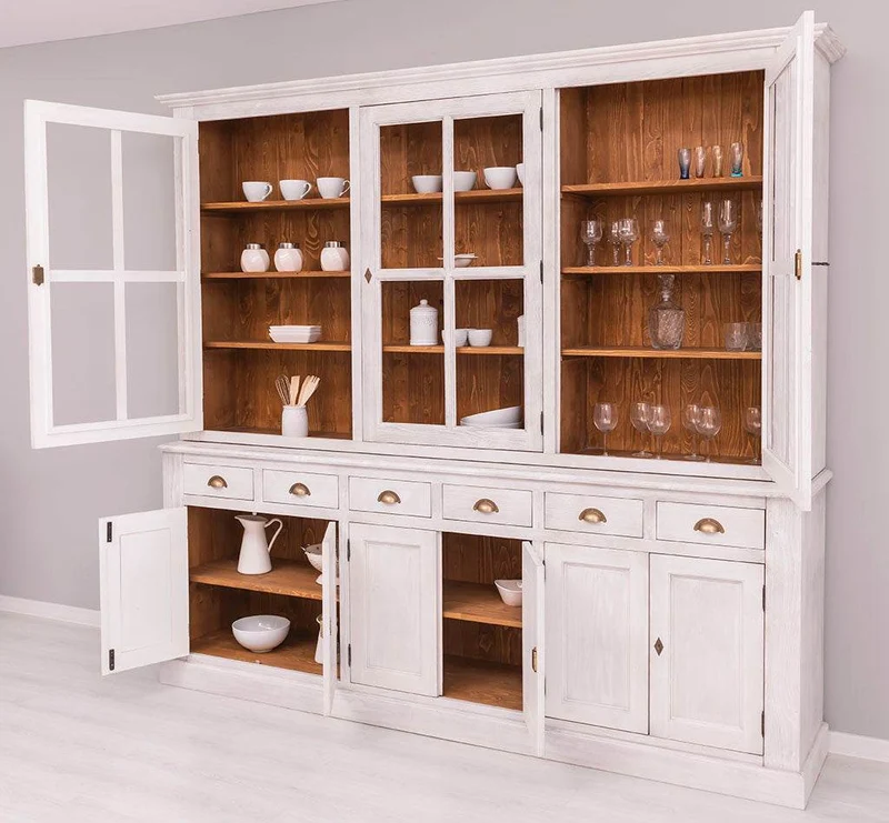 Großer Geschirrschrank aus Massivholz | Vitrine | 2-teilig | 9 Türen | 6 Schubladen