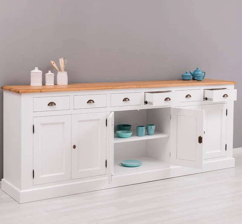 Großes Sideboard aus Massivholz mit sechs Schubladen und Türen