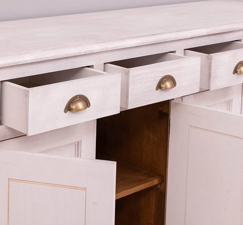 Großes Sideboard aus Massivholz mit sechs Schubladen und Türen