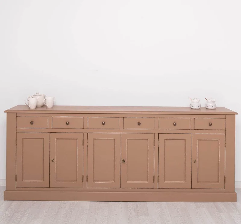 Großes Sideboard aus Massivholz mit sechs Schubladen und Türen