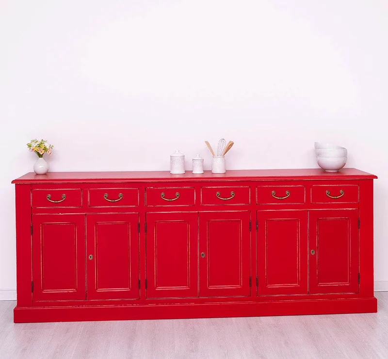Großes Sideboard aus Massivholz mit sechs Schubladen und Türen