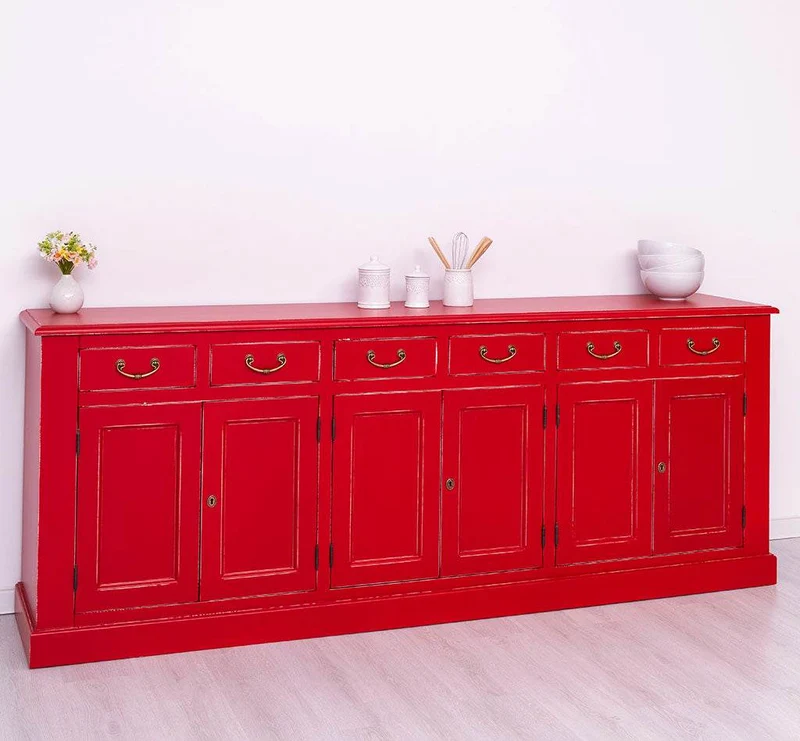 Großes Sideboard aus Massivholz mit sechs Schubladen und Türen