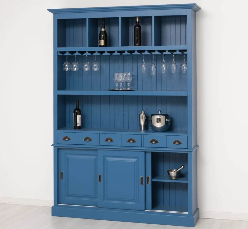 Großer Buffetschrank aus Massivholz mit Glashalterungen in verschiedenen Farben