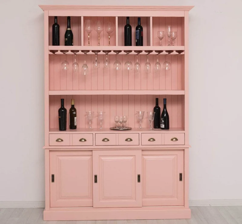 Großer Buffetschrank aus Massivholz mit Glashalterungen in verschiedenen Farben