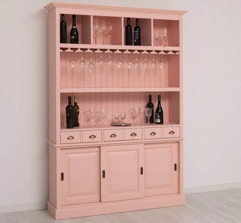 Großer Buffetschrank aus Massivholz mit Glashalterungen in verschiedenen Farben
