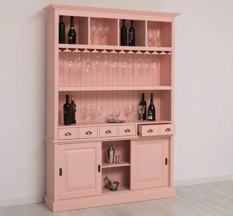 Großer Buffetschrank aus Massivholz mit Glashalterungen in verschiedenen Farben