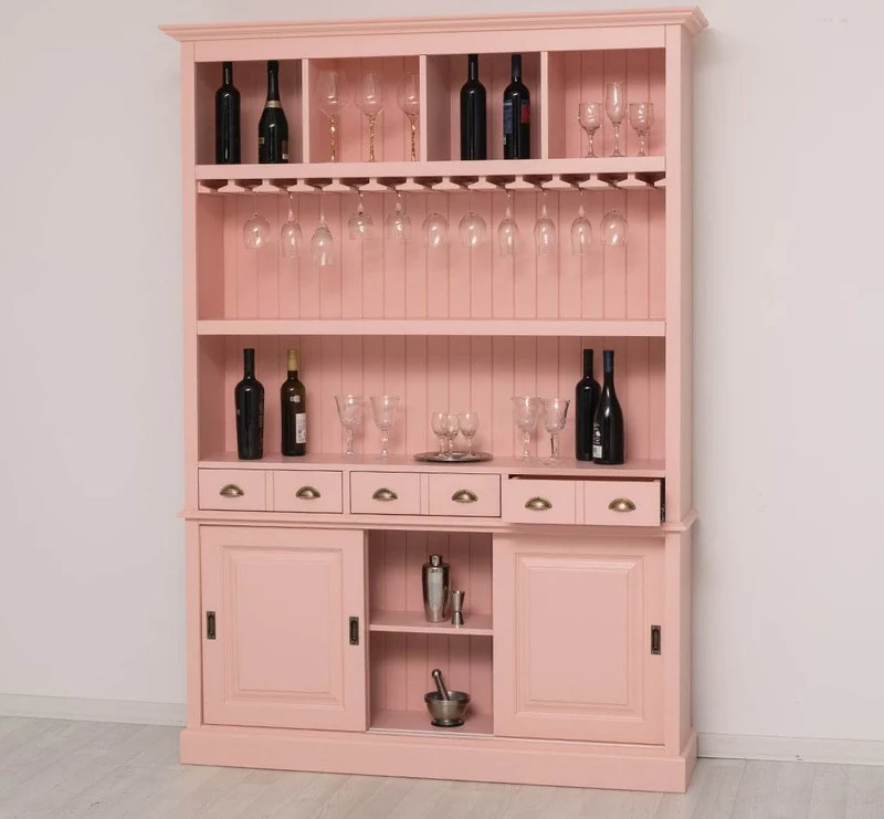 Großer Buffetschrank aus Massivholz mit Glashalterungen in verschiedenen Farben