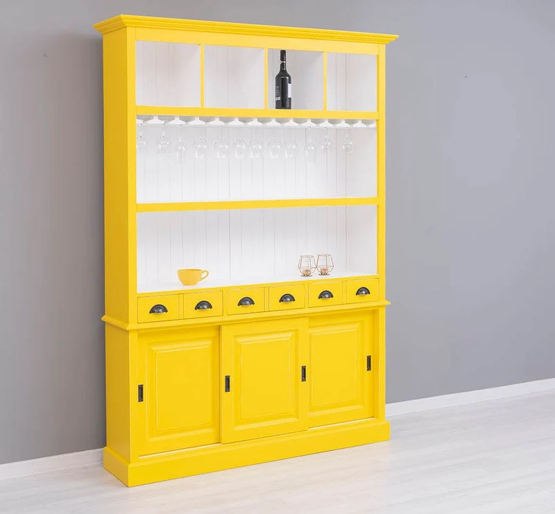 Großer Buffetschrank aus Massivholz mit Glashalterungen in verschiedenen Farben
