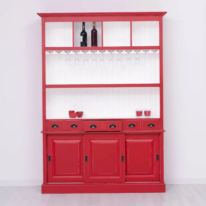 Großer Buffetschrank aus Massivholz mit Glashalterungen in verschiedenen Farben