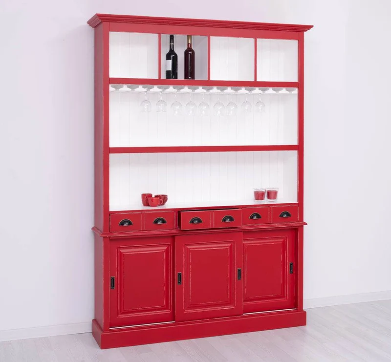 Großer Buffetschrank aus Massivholz mit Glashalterungen in verschiedenen Farben