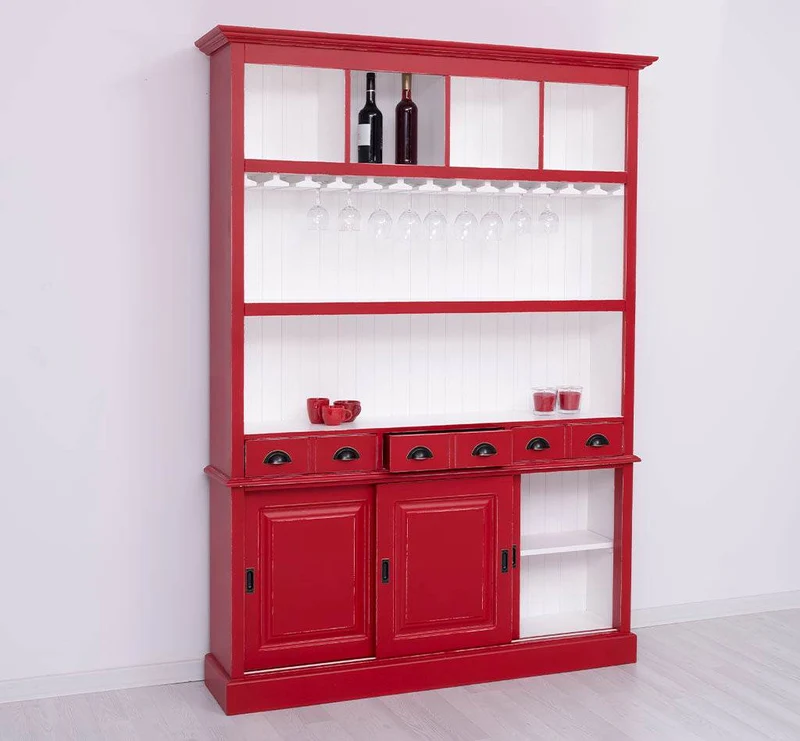 Großer Buffetschrank aus Massivholz mit Glashalterungen in verschiedenen Farben