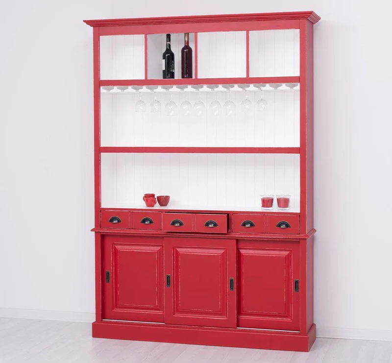 Großer Buffetschrank aus Massivholz mit Glashalterungen in verschiedenen Farben