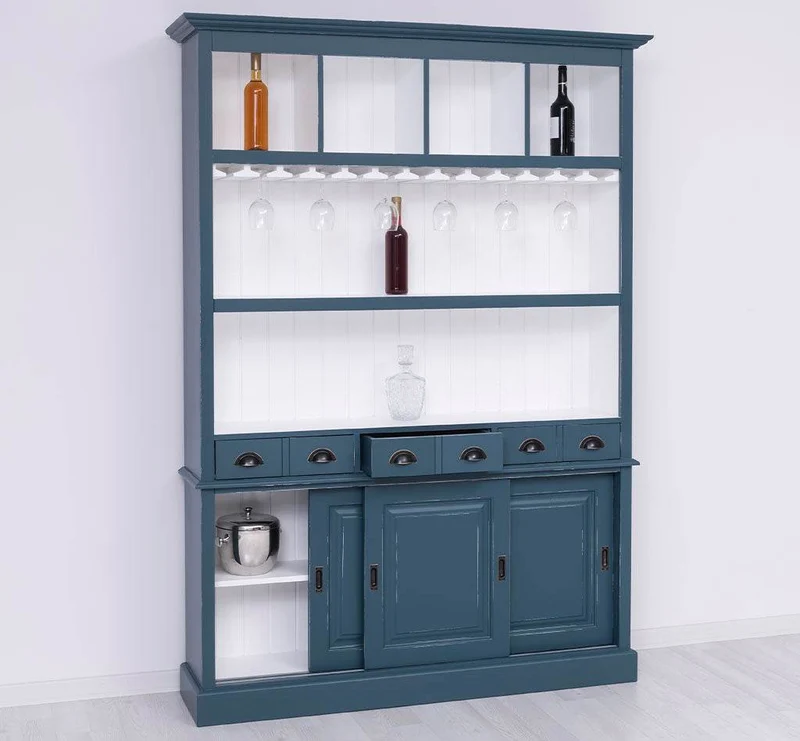 Großer Buffetschrank aus Massivholz mit Glashalterungen in verschiedenen Farben