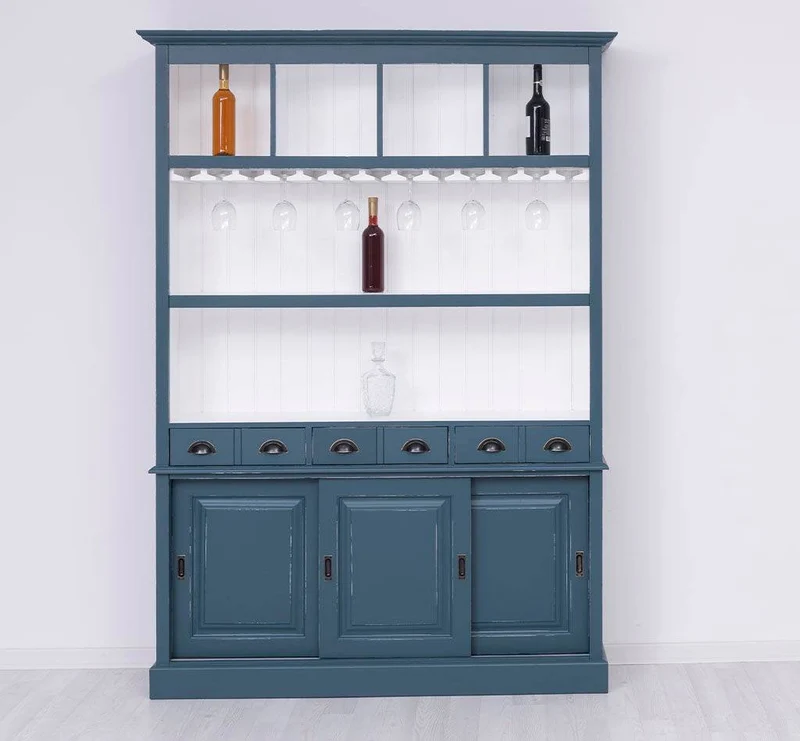 Großer Buffetschrank aus Massivholz mit Glashalterungen in verschiedenen Farben