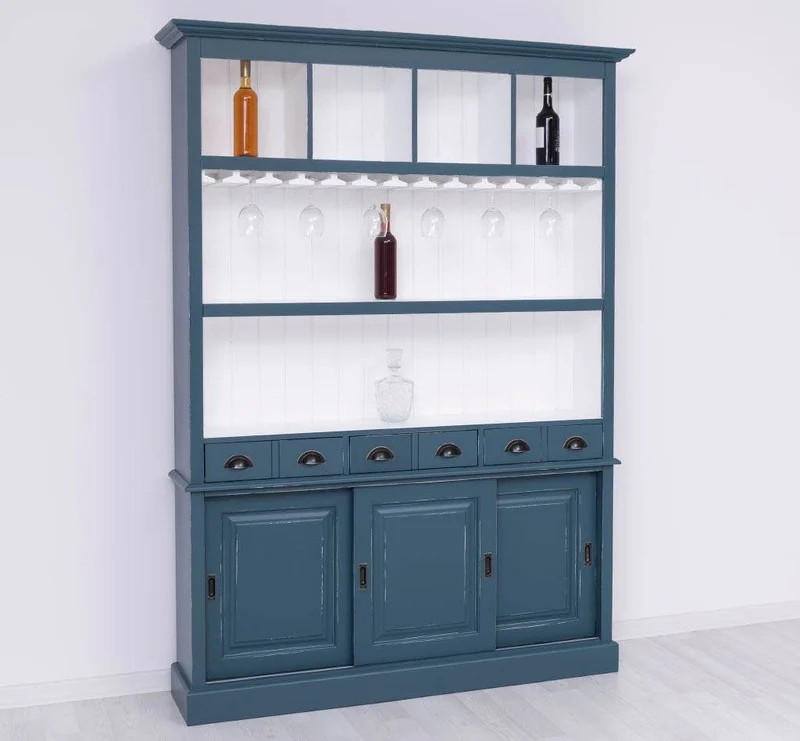 Großer Buffetschrank aus Massivholz mit Glashalterungen in verschiedenen Farben