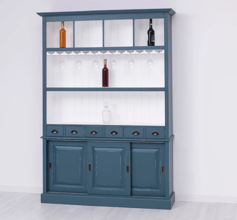 Großer Buffetschrank aus Massivholz mit Glashalterungen in verschiedenen Farben