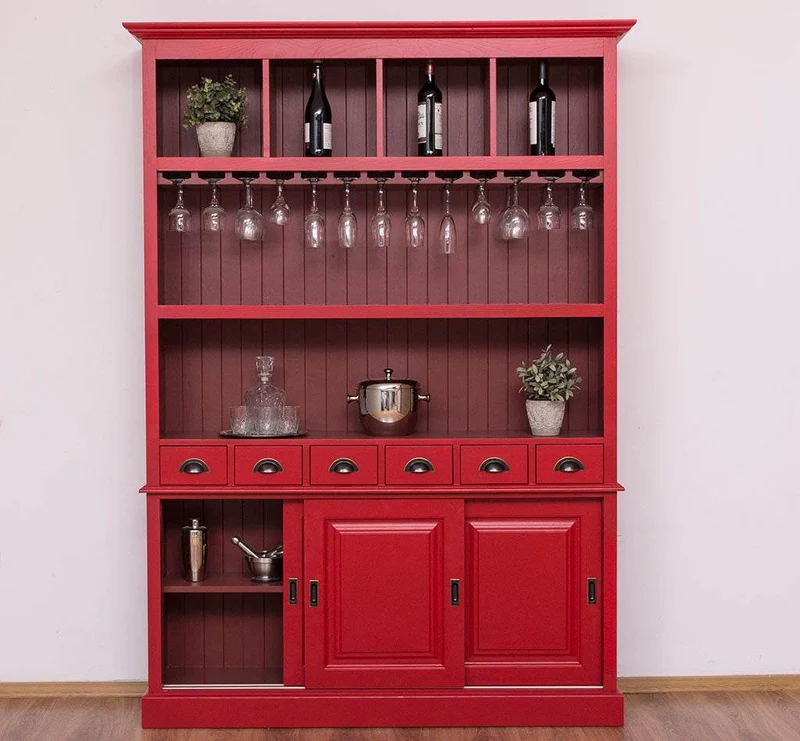 Großer Buffetschrank aus Massivholz mit Glashalterungen in verschiedenen Farben