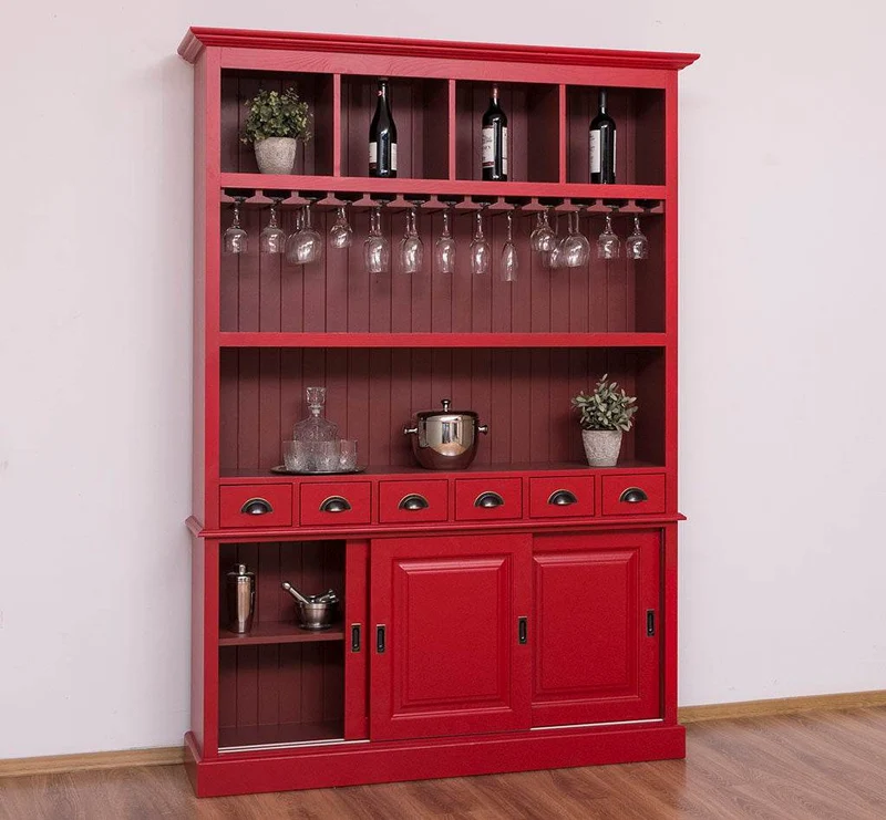 Großer Buffetschrank aus Massivholz mit Glashalterungen in verschiedenen Farben
