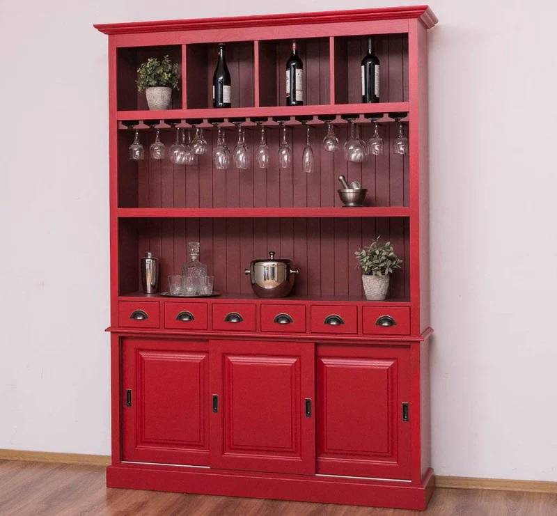 Großer Buffetschrank aus Massivholz mit Glashalterungen in verschiedenen Farben