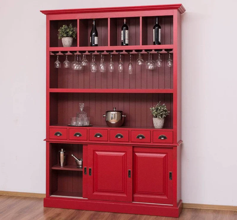 Großer Buffetschrank aus Massivholz mit Glashalterungen in verschiedenen Farben