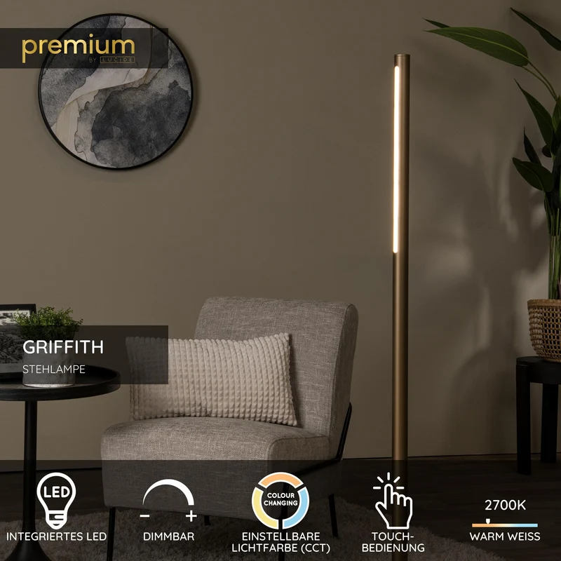 LED-Stehleuchte Griffith mit CCT und Touchdimmer