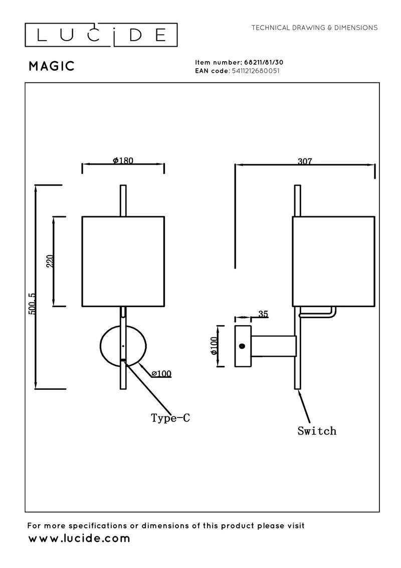 Wandleuchte Magic mit USB-Ladeanschluss und Stoffschirm Länge 18cm