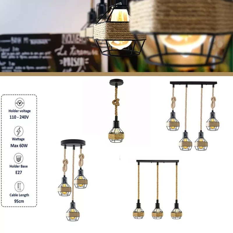 Industrielle Lampe, Vintage-Loft-Hängeleuchte, Retro-Seil-Pendelleuchte~3173