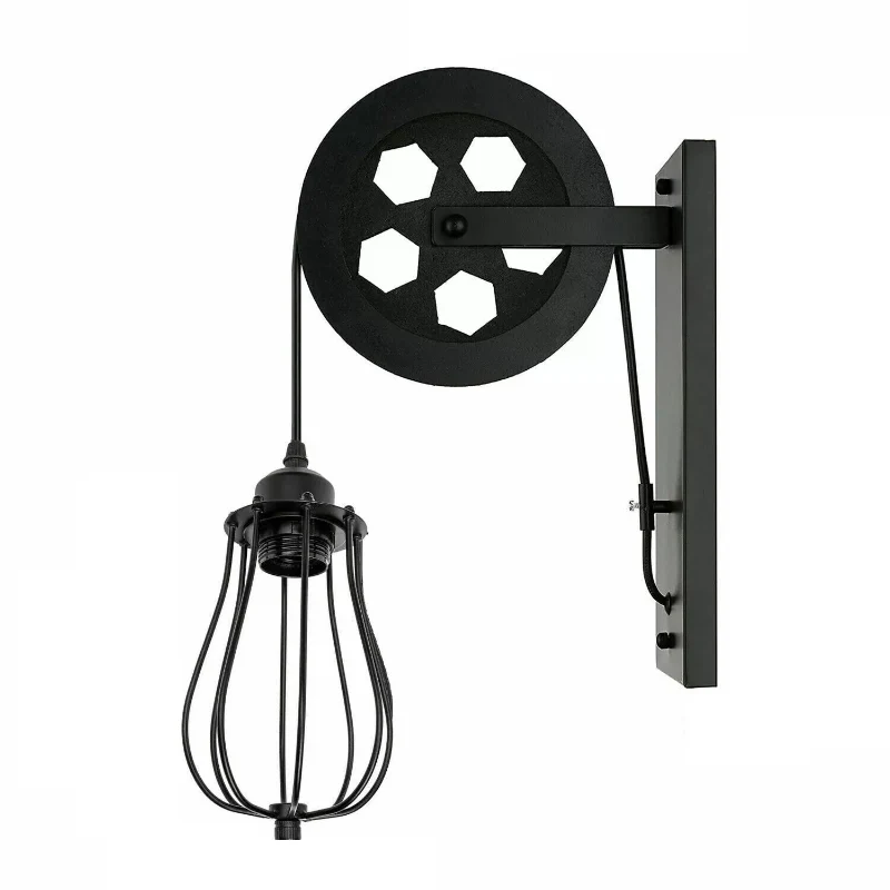 Vintage Wandlampe mit Riemenscheibe & Käfig-Schirm ~3171