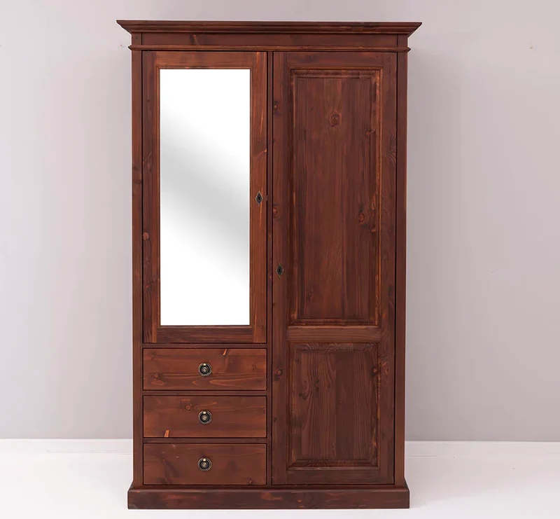 Kleiderschrank aus Massivholz mit Spiegeltür und drei Schubladen
