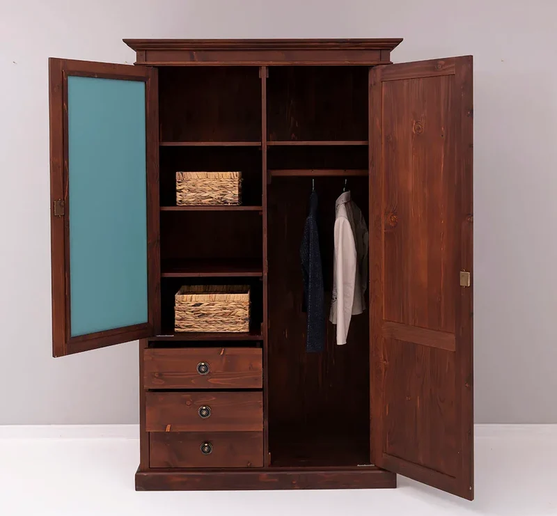 Kleiderschrank aus Massivholz mit Spiegeltür und drei Schubladen