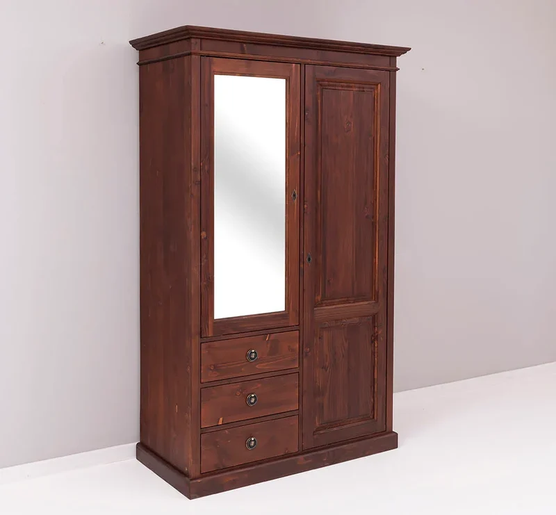 Kleiderschrank aus Massivholz mit Spiegeltür und drei Schubladen