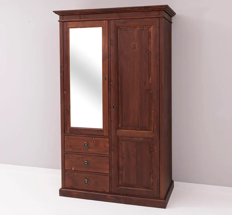 Kleiderschrank aus Massivholz mit Spiegeltür und drei Schubladen