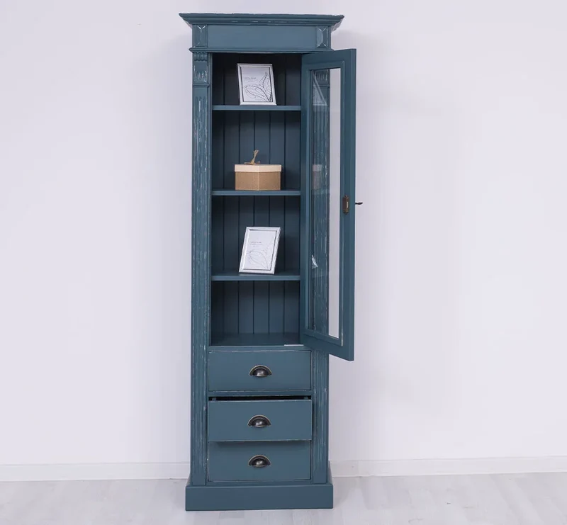 Schmale Vintage Vitrine aus Massivholz mit 3 Schubladen und Ornamenten