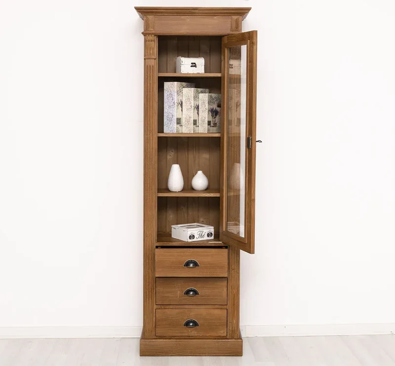 Schmale Vintage Vitrine aus Massivholz mit 3 Schubladen und Ornamenten