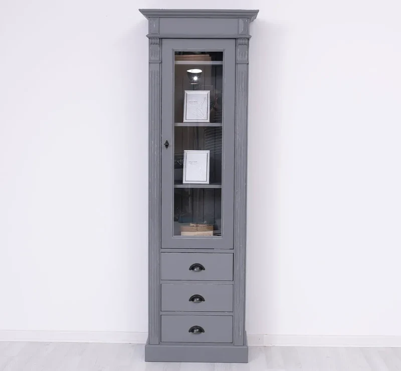 Schmale Vintage Vitrine aus Massivholz mit 3 Schubladen und Ornamenten