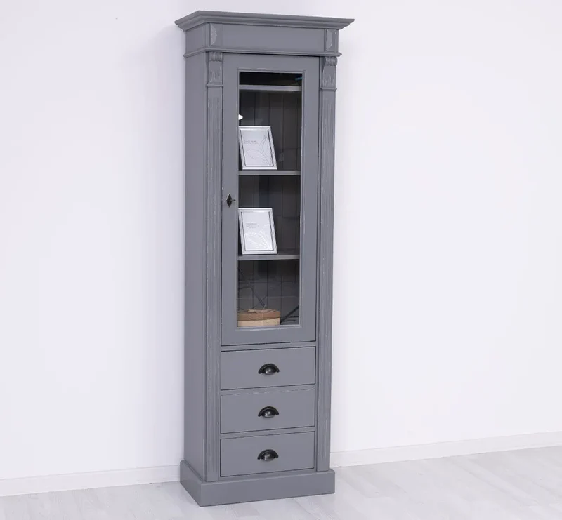 Schmale Vintage Vitrine aus Massivholz mit 3 Schubladen und Ornamenten