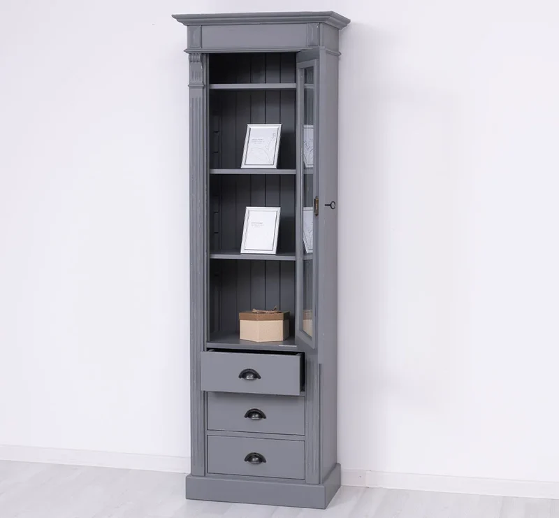Schmale Vintage Vitrine aus Massivholz mit 3 Schubladen und Ornamenten