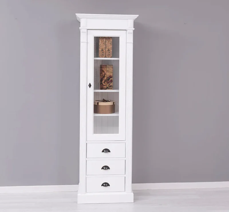 Schmale Vintage Vitrine aus Massivholz mit 3 Schubladen und Ornamenten