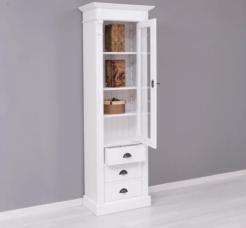 Schmale Vintage Vitrine aus Massivholz mit 3 Schubladen und Ornamenten