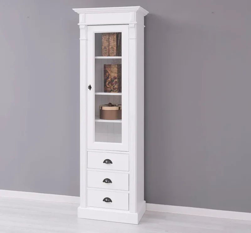 Schmale Vintage Vitrine aus Massivholz mit 3 Schubladen und Ornamenten