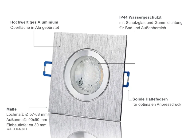 LED Einbaustrahler Flach IP44 - Alu gebürstet Eckig 5W LED Dimmbar - Banja