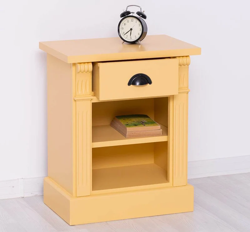 Landhaus Nachttisch aus Massivholz - Beistelltisch mit Schublade und Ornamenten