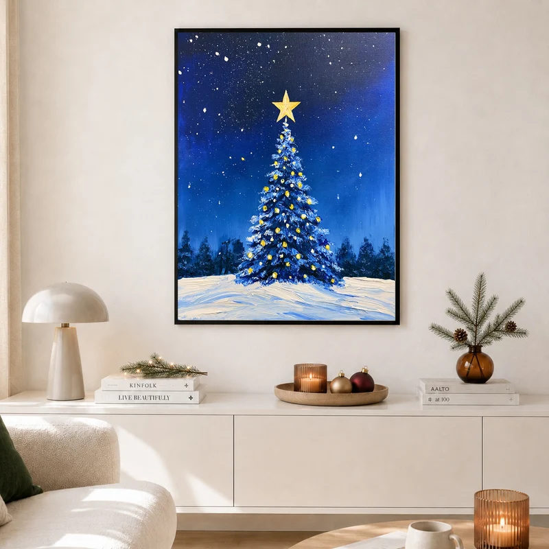 Blauer Weihnachtsbaum im Schnee Poster