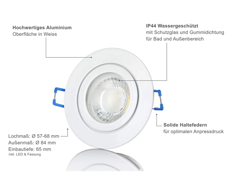 LED Einbaustrahler IP44 Dimmbar - Weiß Rund 5W GU10 LED - Agua